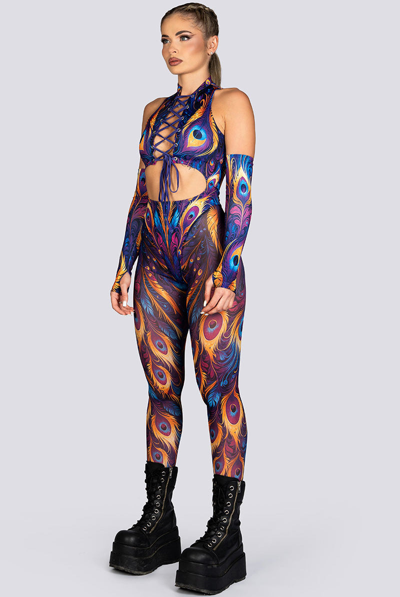 Royal Peacock Lace Cut Out Catsuit Rave Halloween Costume Women