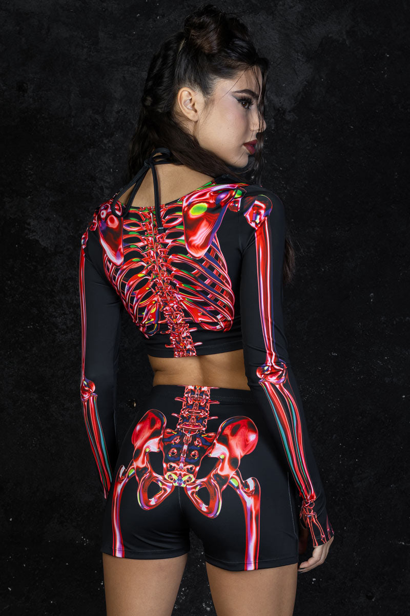 Ruby Skeleton Halter Cutout Long Sleeve Crop Top Back View