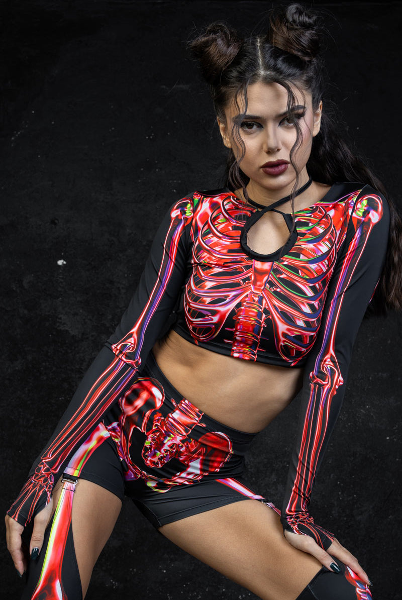 Ruby Skeleton Halter Cutout Long Sleeve Crop Top