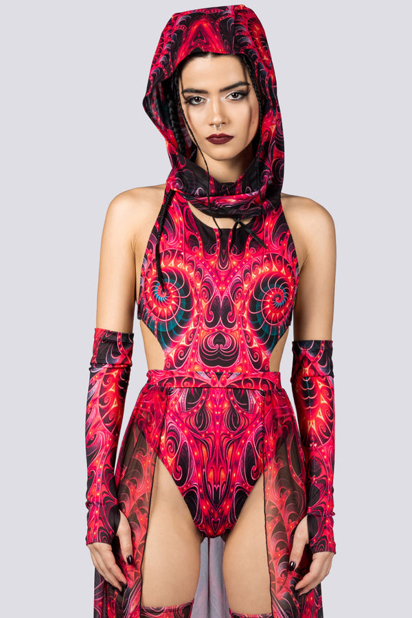 Rave Outfit Scarlet Enigma High Cut Bodysuit Front View