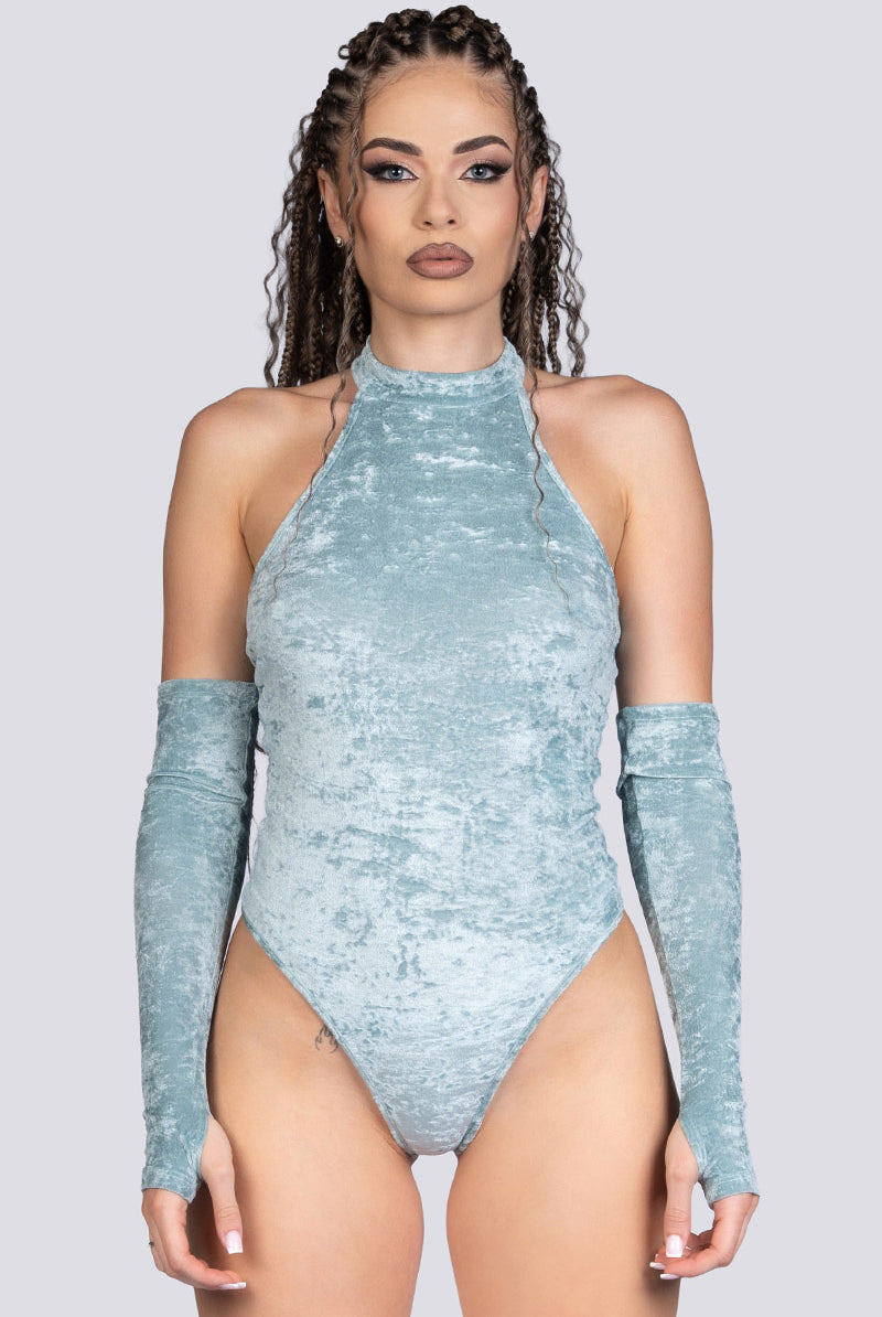 Sea Foam Halter Bodysuit - Light Blue Velvet Stripper Outfit