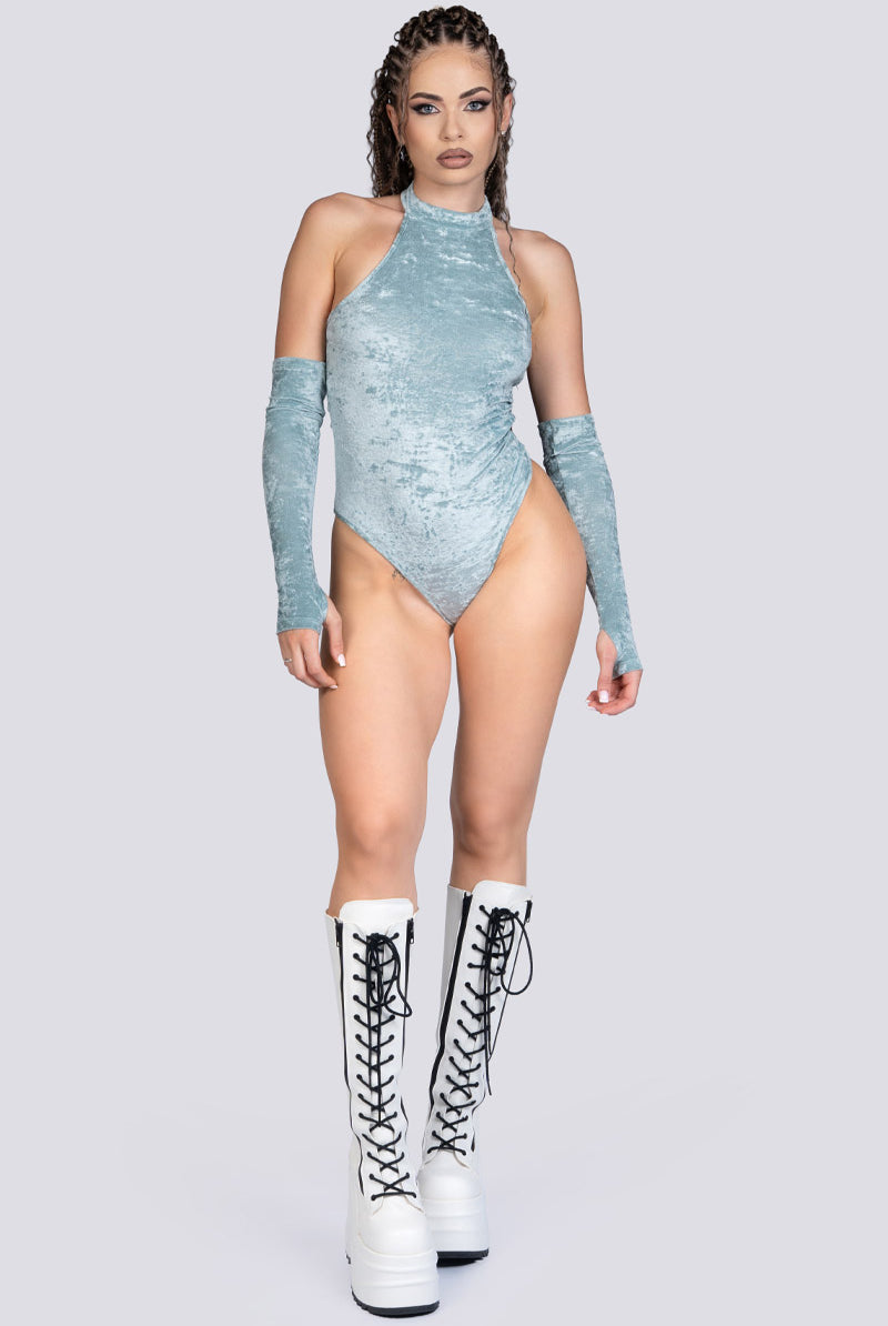 Sea Foam Halter Bodysuit - Light Blue Velvet Pole Wear
