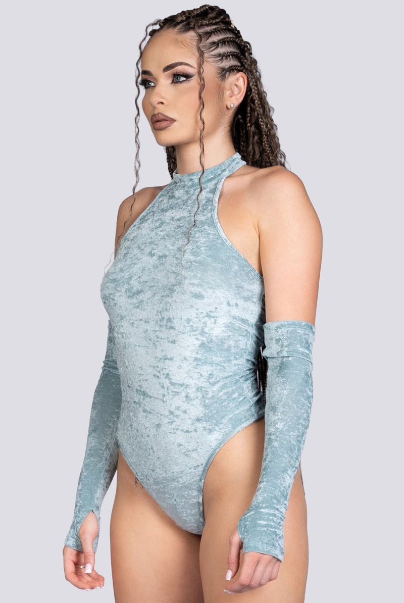 Sea Foam Halter Bodysuit - Light Blue Velvet Stripper Wear