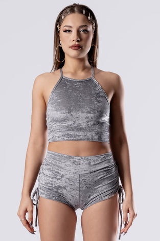 Rave Outfit Silver Fox Crop Top Grey Velvet Close View