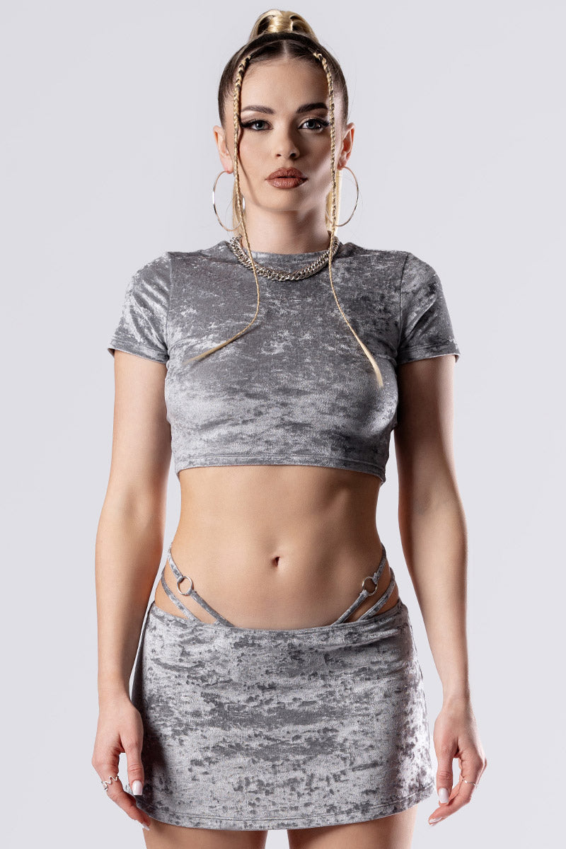Silver Fox Velvet Cropped Hoodie in Grey | Devil Walking