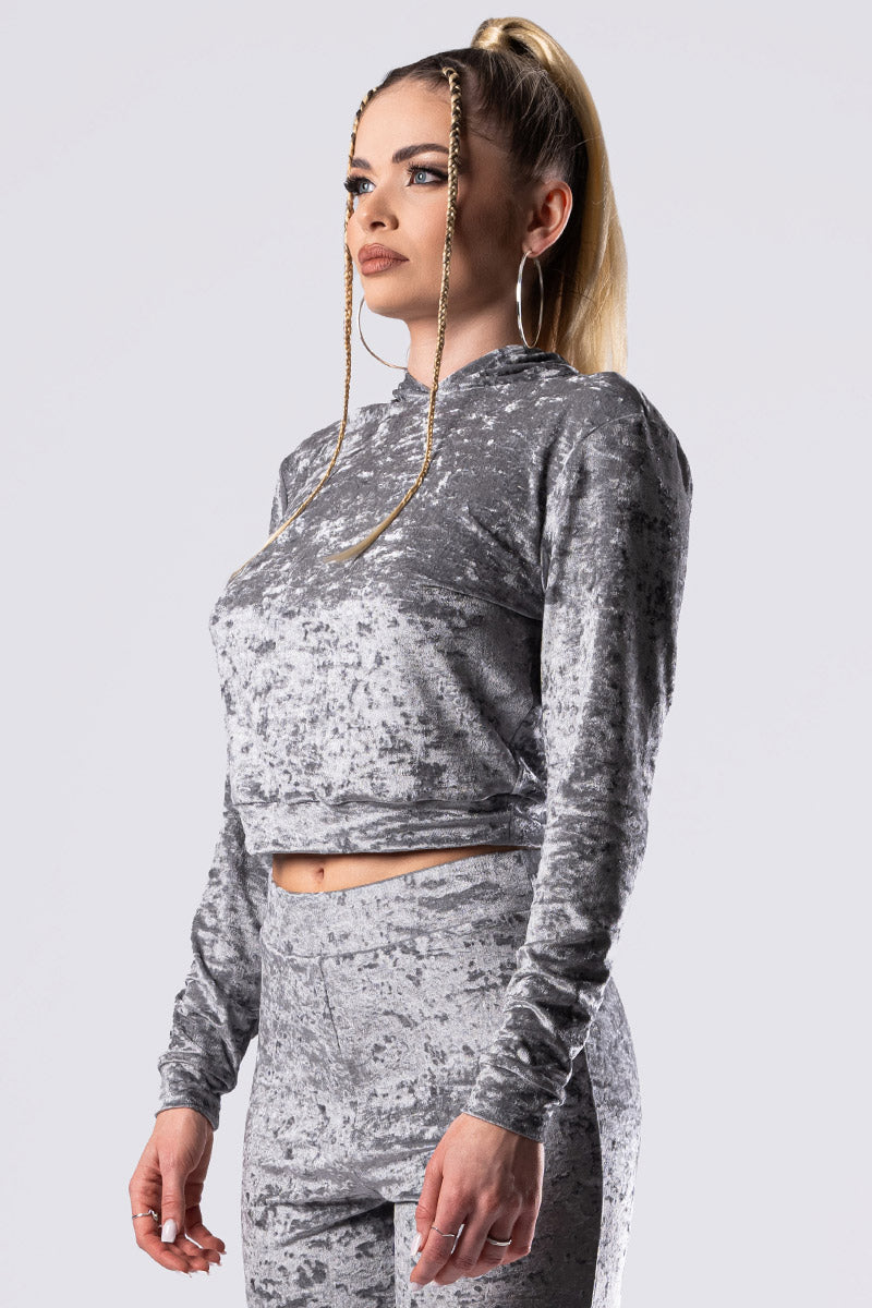 Silver Fox Velvet Cropped Hoodie in Grey | Devil Walking