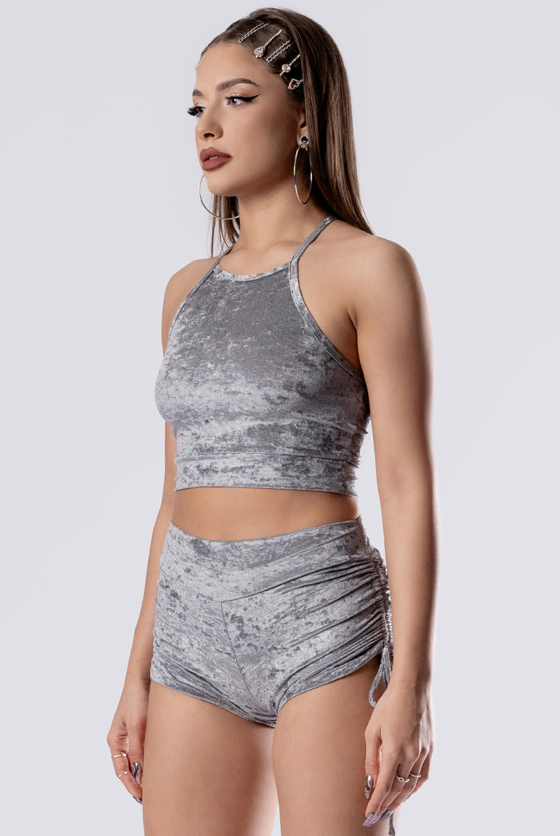 silver-fox-high-waisted-tie-side-shorts--grey-velvet-side-view