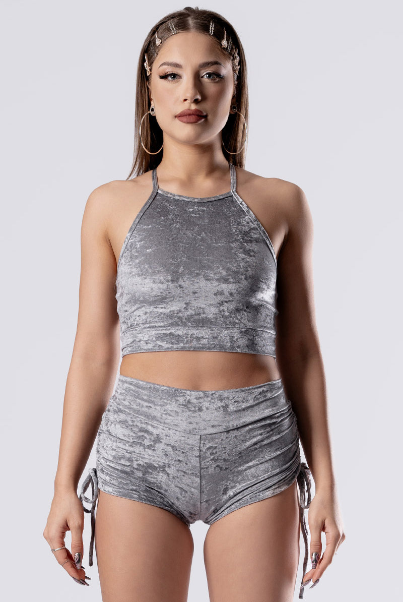silver-fox-high-waisted-tie-side-shorts-set-grey-velvet-close-view