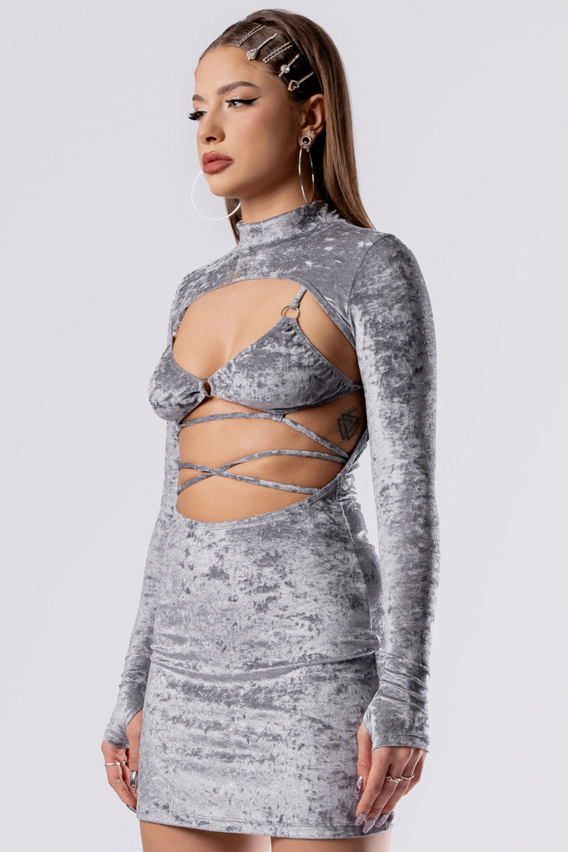 silver-fox-open-front-dress-grey-velvet-close-side-view