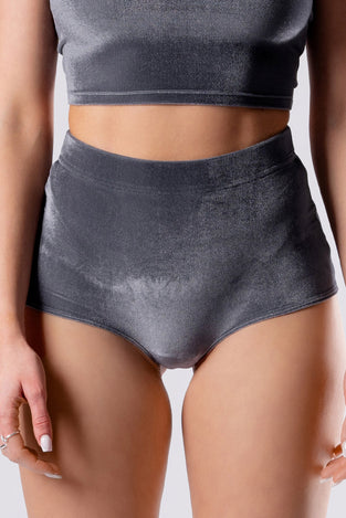 Rave Outfit Silver Sass Booty Shorts Grey Velvet Close Front View