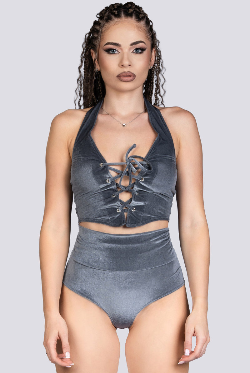 Silver Sass Corset Top - Gray Velvet Stripper Outfit