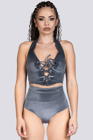 Silver Sass Corset Top - Gray Velvet Stripper Outfit