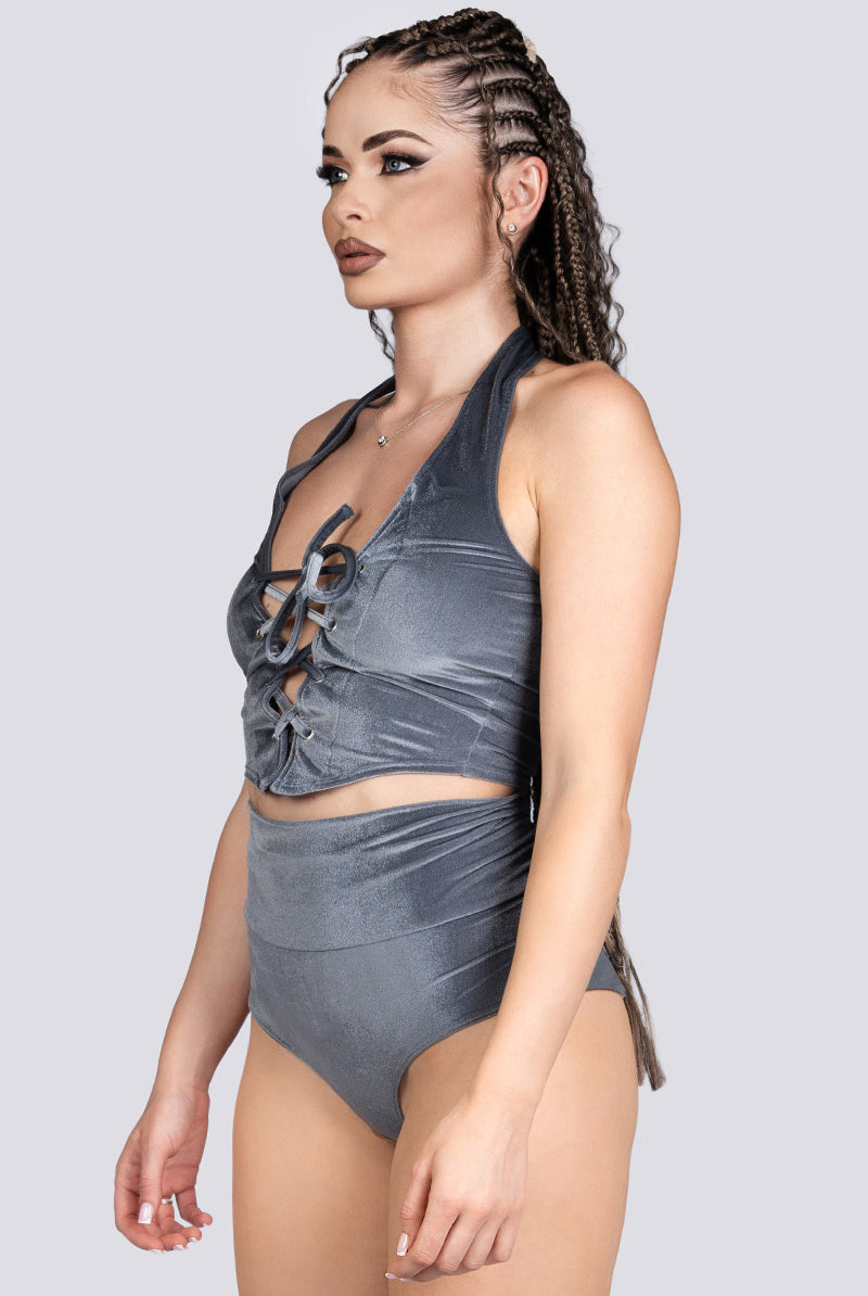 Silver Sass Corset Top - Gray Velvet Stripper Wear