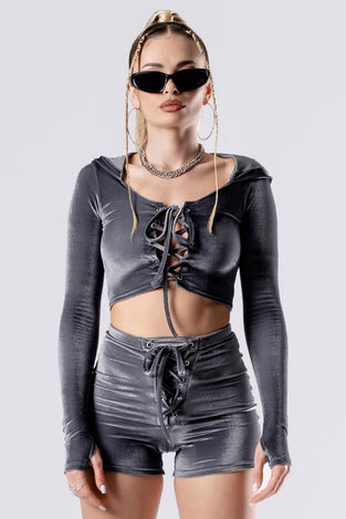 Rave Outfit Silver Sass Lace Up Crop Top Grey Velvet Close View