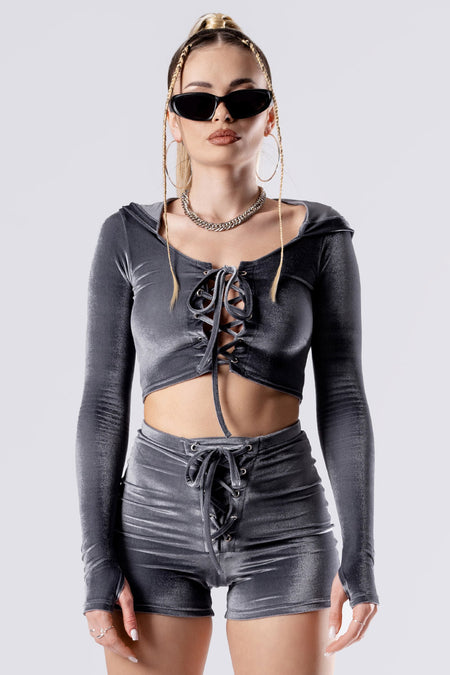 Rave Outfit Silver Sass Lace Up Crop Top Grey Velvet Close View