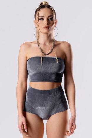Rave Outfit Silver Sass Long Tube Top Grey Velvet Close View