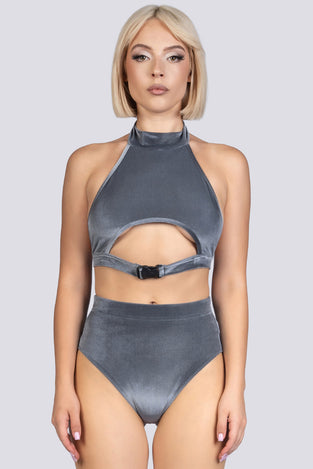 Silver Sass Underboob Clasp Crop Top - Gray Velvet Stripper Outfit
