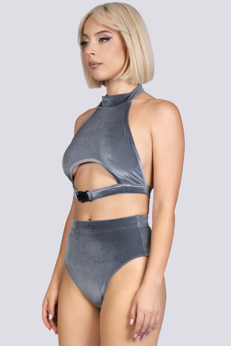 Silver Sass Underboob Clasp Crop Top - Gray Velvet Exotic Dancewear