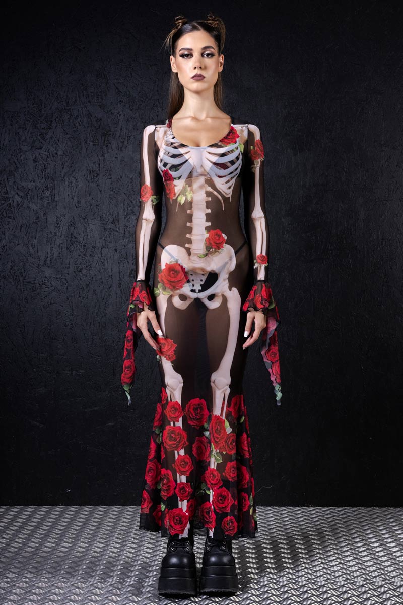 Skeleton & Roses Sheer Mesh Dress - Day of The Dead Costume for Women, L Skeleton & Roses Sheer Mesh Dress - Day of The Dead Costume for Women, L