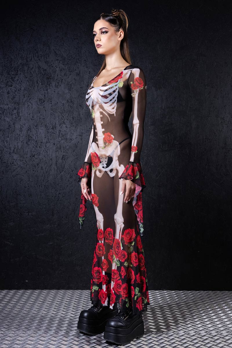 halloween mesh dress Skeleton & Roses Sheer Mesh Dress