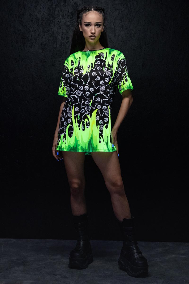 Skeletons in Wildfire Oversized Tee Dress UV Full View