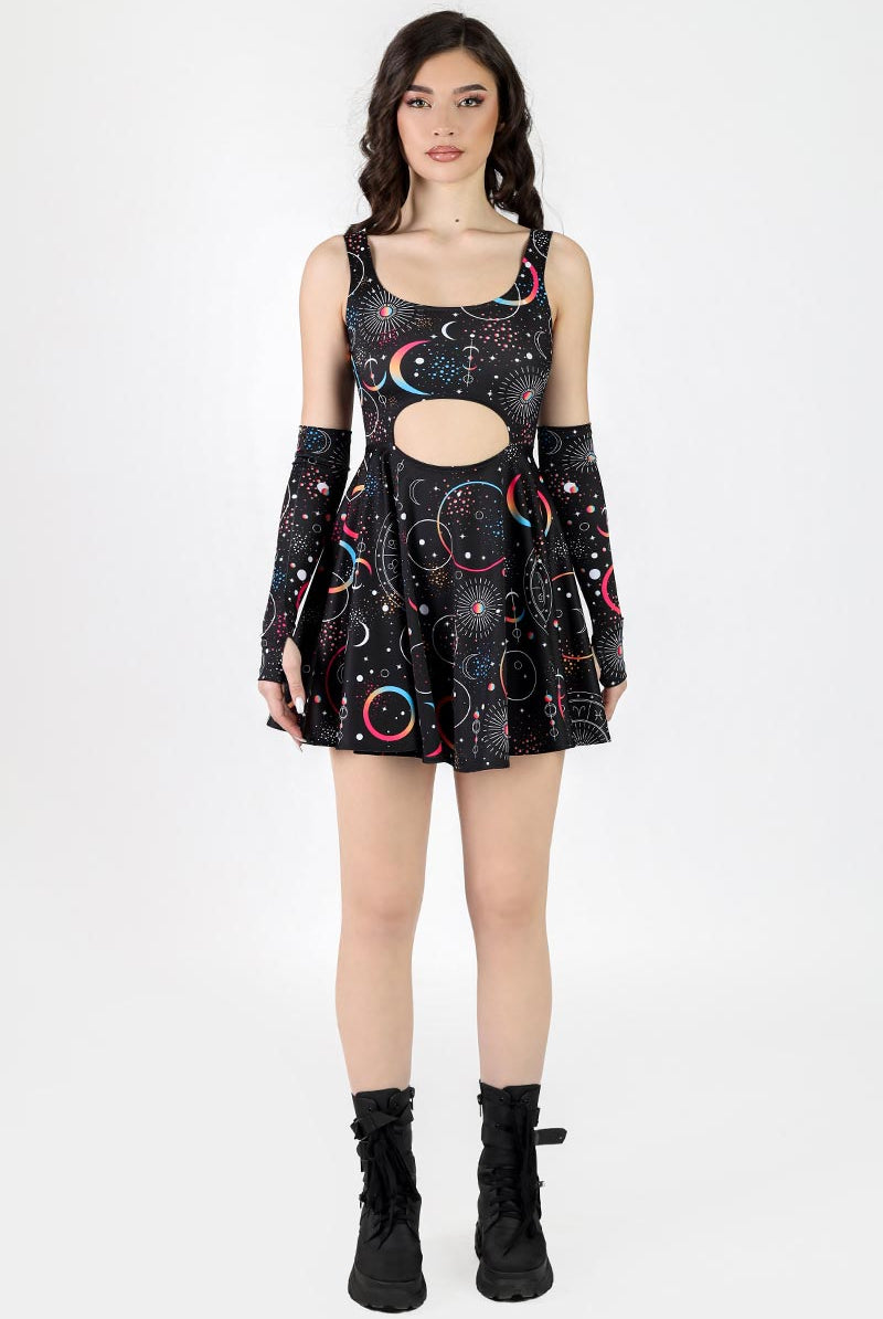 black cut out skater dress Black Cut Out 2 Piece Dress with Rings, Black Pleated Dress, Techno Outfit for Women, Black Rave Outfit, Knee Length Dress, Black Circle Dress , XS