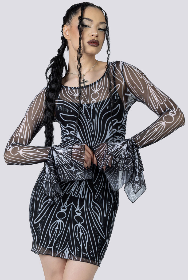 Spellwoven Mini Bodycon Dress Close Up Goth Clothing