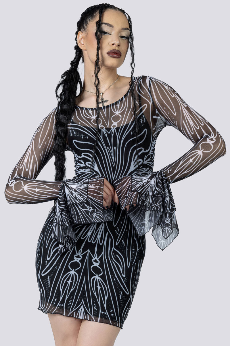 Spellwoven Mini Bodycon Dress Close Up Goth Clothing