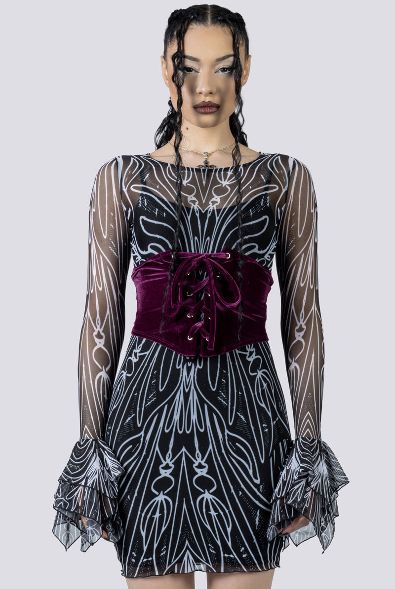 Spellwoven Mini Bodycon Dress Corset Front Goth Wear