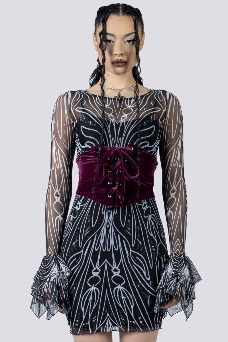 Spellwoven Mini Bodycon Dress Corset Front Goth Wear