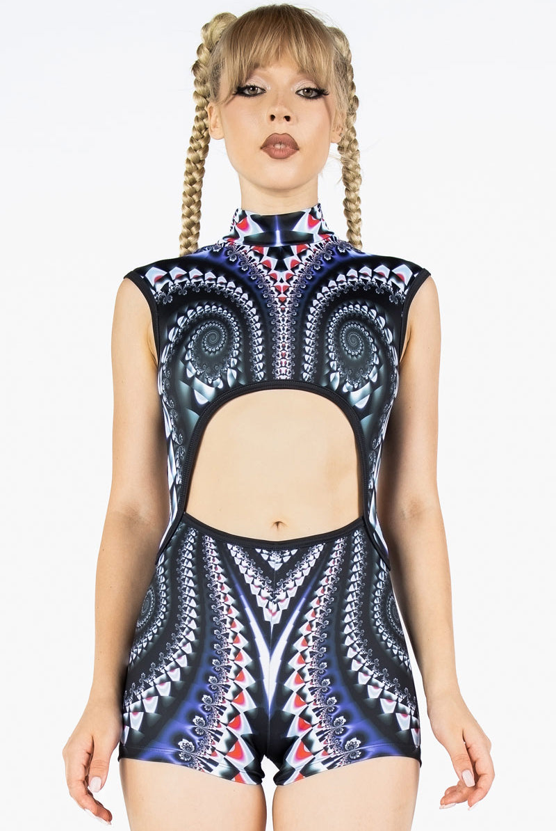 Spiral Trap High Neck Sleeveless Bodysuit Front View