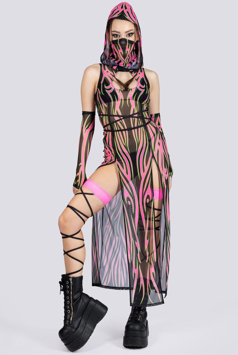 Rave Outfit Spirit Dancer Hooded Mesh Dress