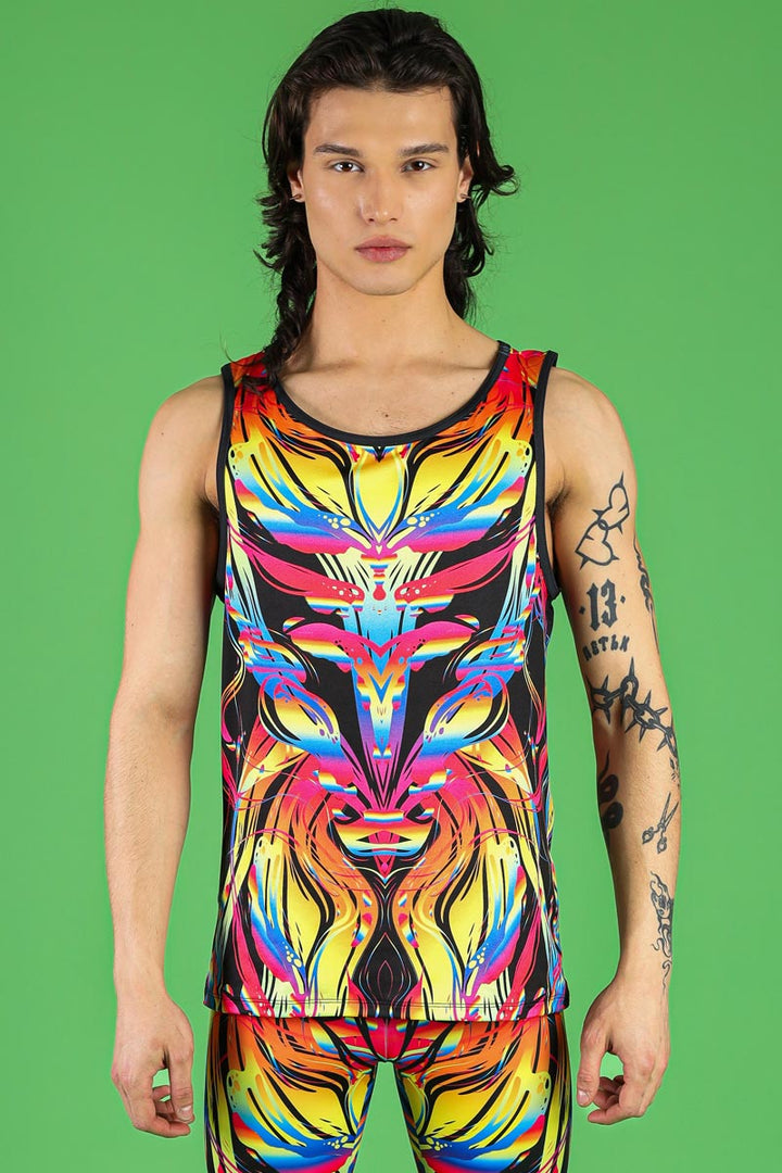 Sunset Love Men's Rave Tank Top in Rainbow Print | Devil Walking