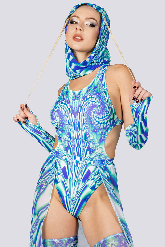 Rave Outfit Teal Distortion High Cut Bodysuit Close Full View
