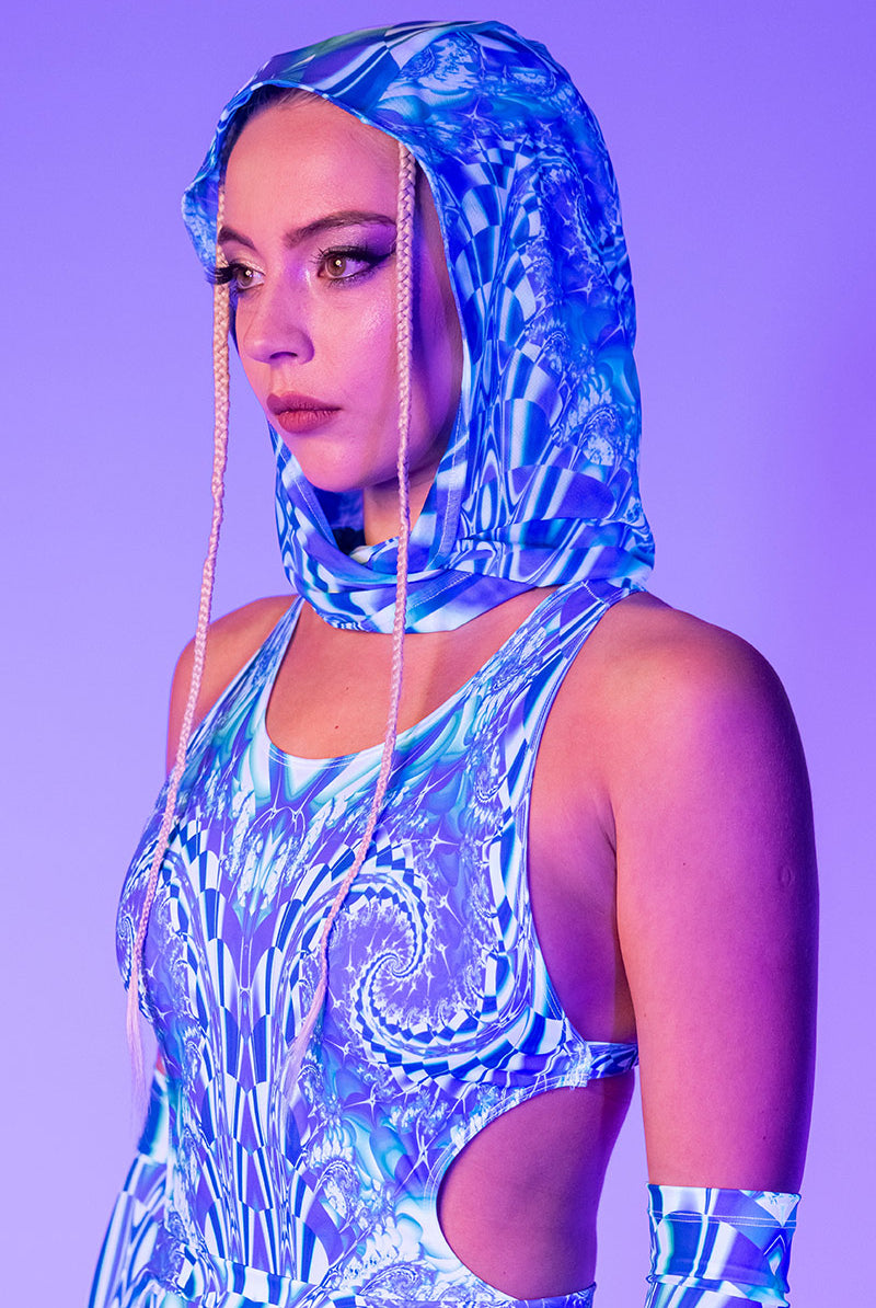 Teal Distortion Rave Hood Close View