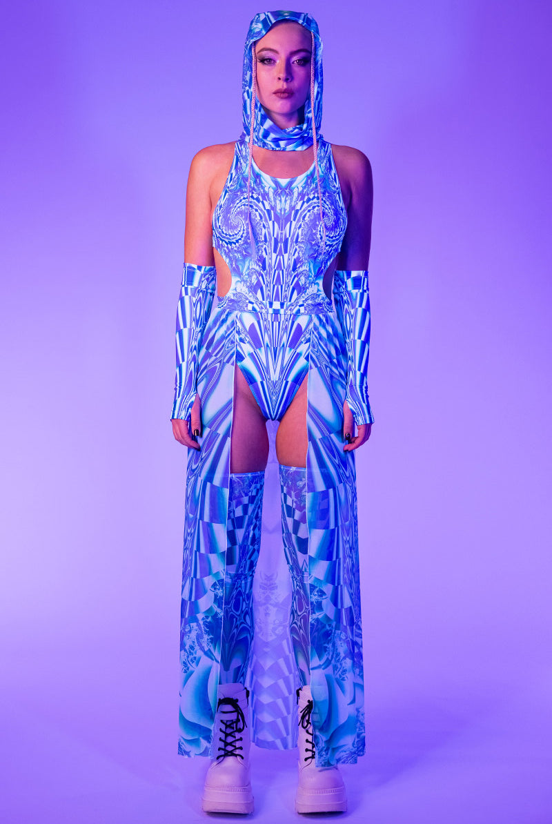 Teal Distortion Rave Hood Full View