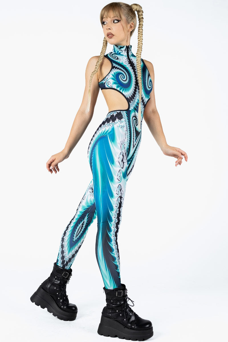 Teal Flames Cut Out Catsuit Side View