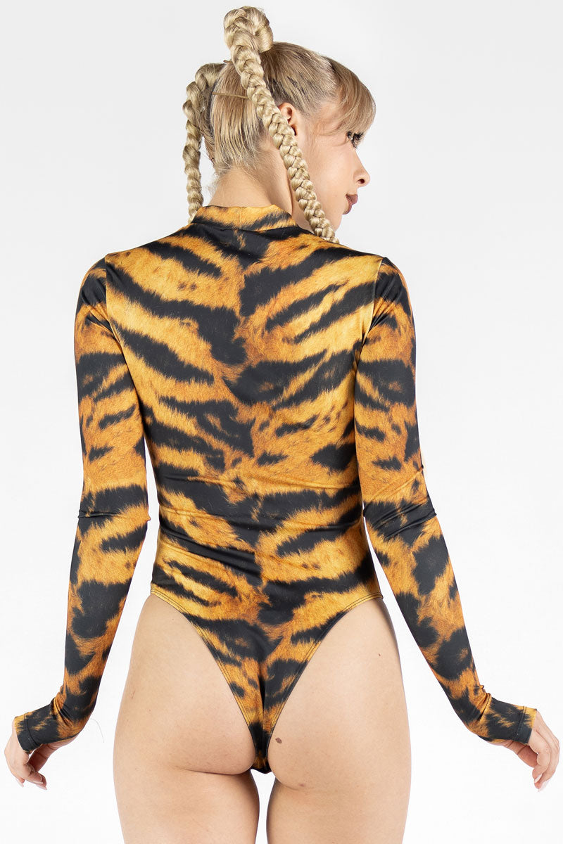 Womens Long Sleeve Bodysuit Sexy Bodycon Leopard Tiger Snakeskin