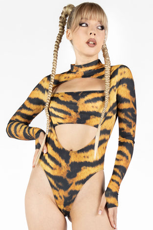 Rave Outfit Tiger Cut Out Long Sleeved Bodysuit Close View