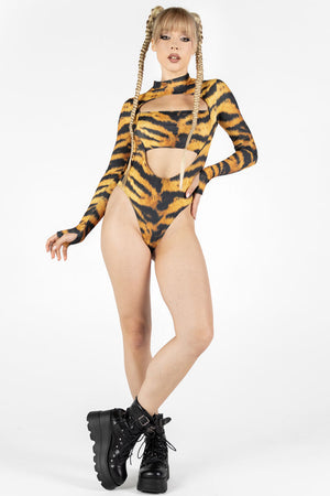 Tiger Cut Out Long Sleeved Bodysuit Front View