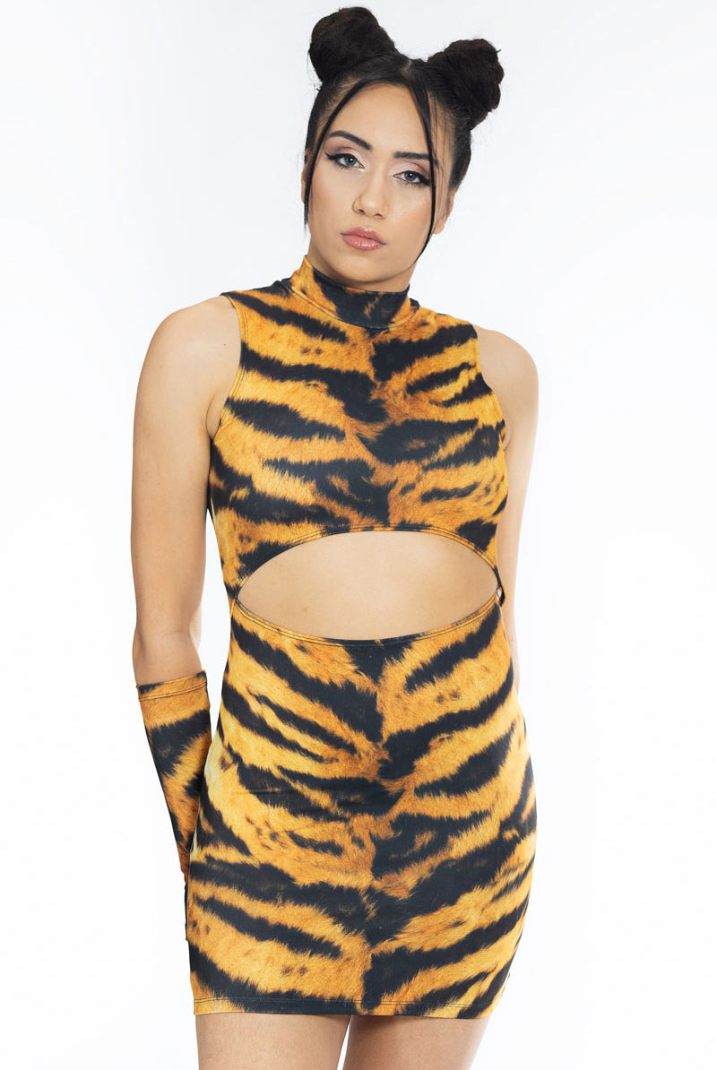Printed Tiger Cut Out Mini Dress from Spandex | Devil Walking Printed Tiger Cut Out Mini Dress from Spandex | Devil Walking