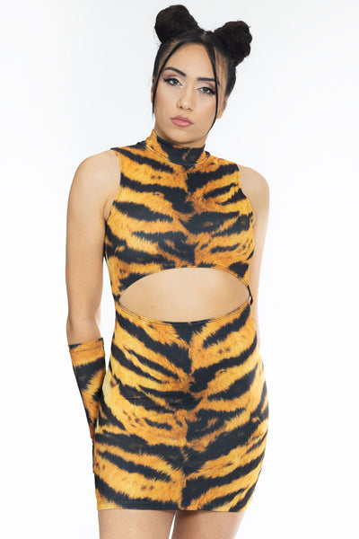 Printed Tiger Cut Out Mini Dress from Spandex | Devil Walking Printed Tiger Cut Out Mini Dress from Spandex | Devil Walking
