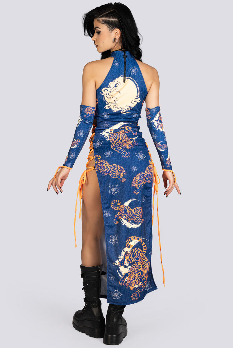 Tiger Dynasty Side Lace Up Maxi Dress Halloween Outfit