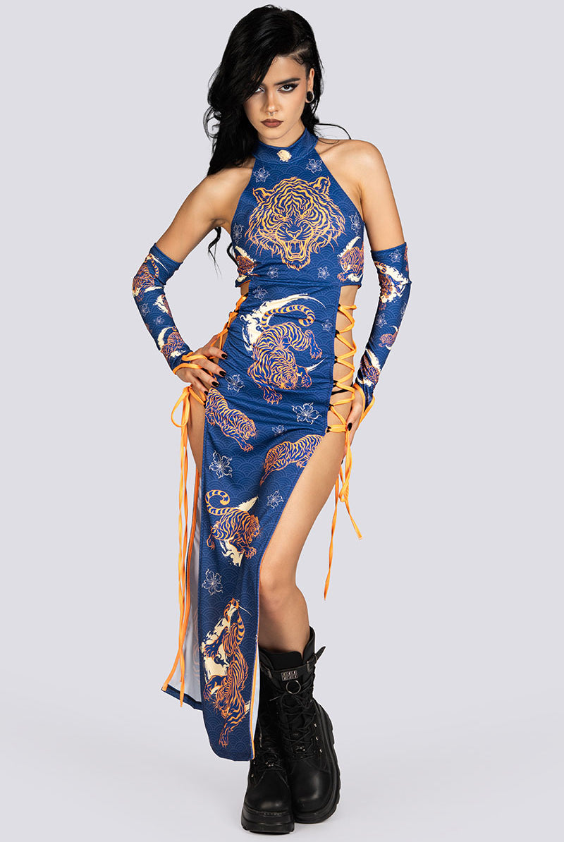 Tiger Dynasty Side Lace Up Maxi Dress Halloween Clothes