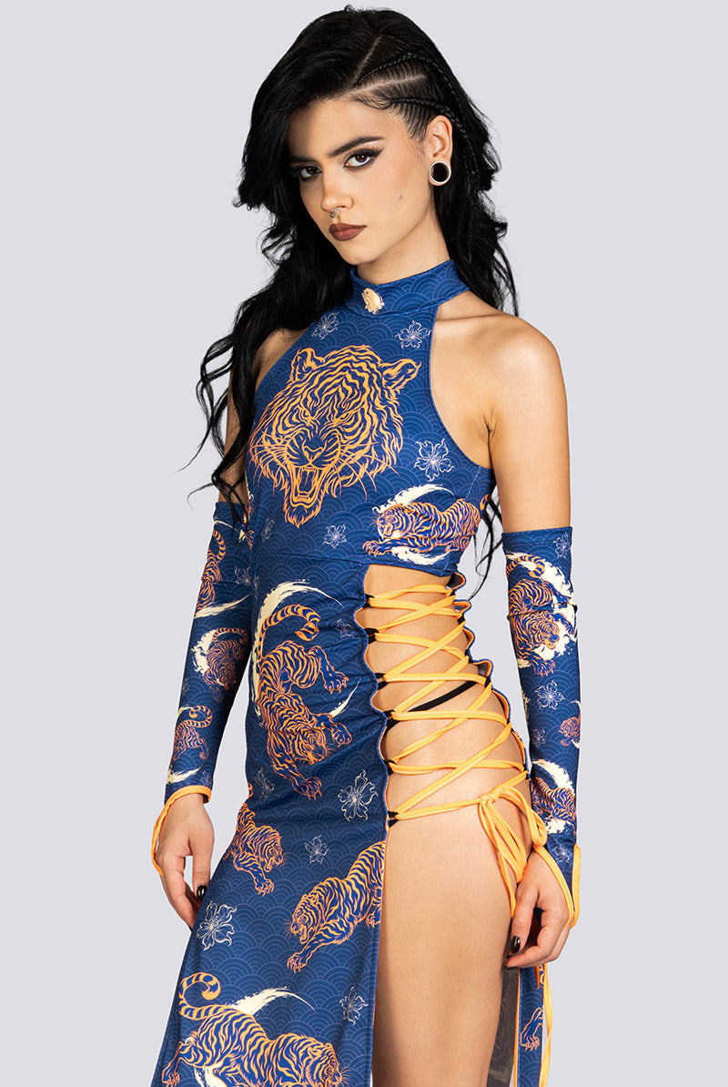 Tiger Dynasty Side Lace Up Maxi Dress Halloween Costume