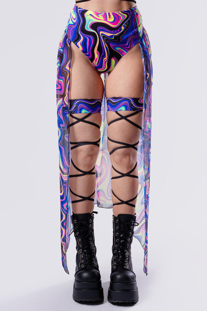 【THE MOZZ】See-through Shine Skirt Total Obsession Open Front Sheer Maxi Skirt Rave Set | Devil