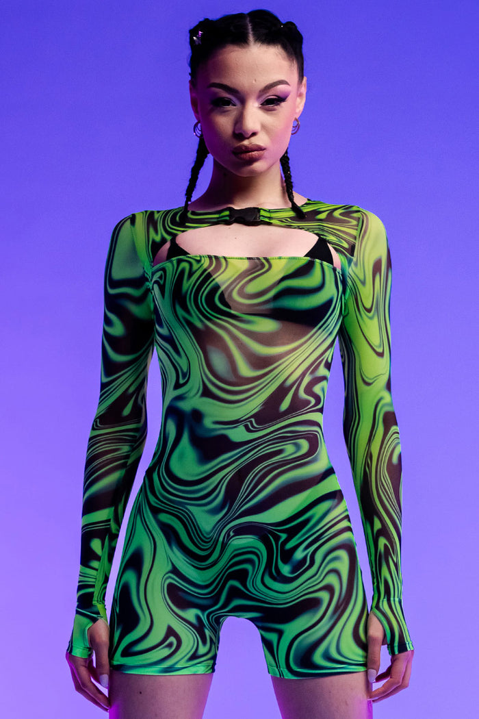 Rave Outfit Toxic Drip Long Sleeve Romper Uv Close Front View