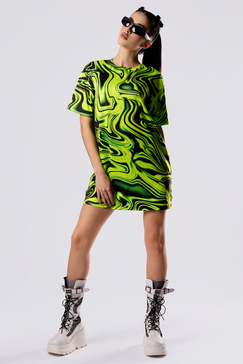 Toxic Drip Oversized Rave Tee Shirt Dress in Green | Devil Walking Toxic Drip Oversized Rave Tee Shirt Dress in Green | Devil Walking