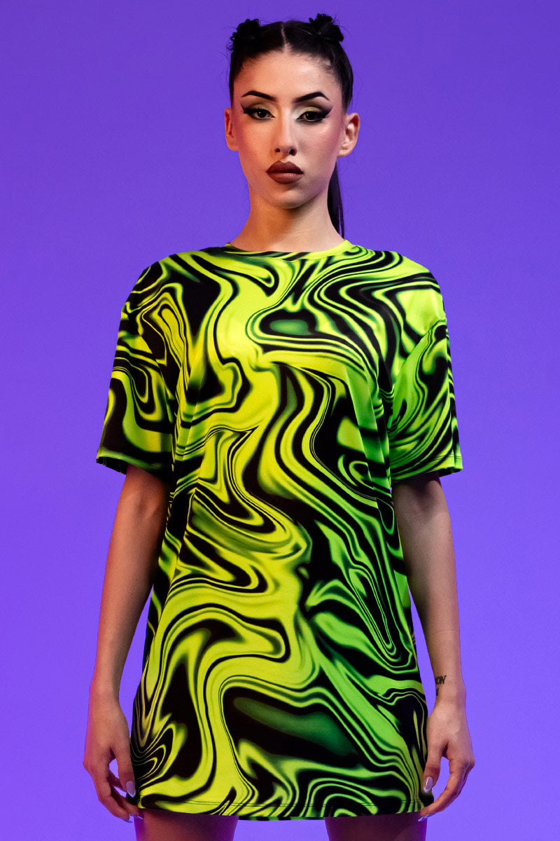 Toxic Drip Oversized Rave Tee Shirt Dress in Green | Devil Walking Toxic Drip Oversized Rave Tee Shirt Dress in Green | Devil Walking