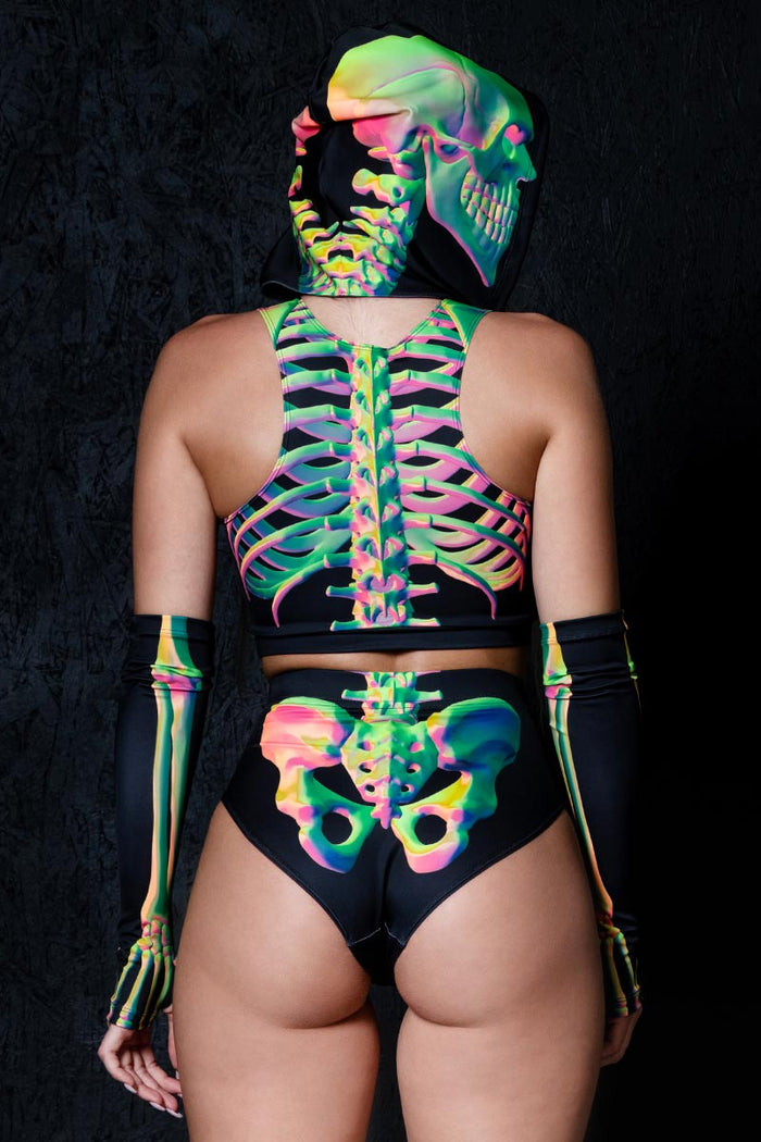 Rave Outfit Toxic Skeleton Booty Shorts Set Back View